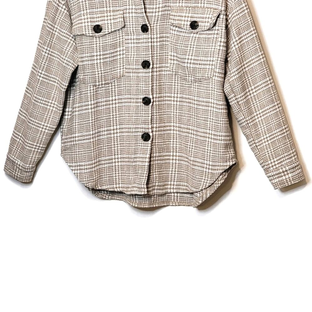 La Miel Plaid Button Front Shacket Shirt Tan Cream Cozy Fall S - Picture 5 of 12